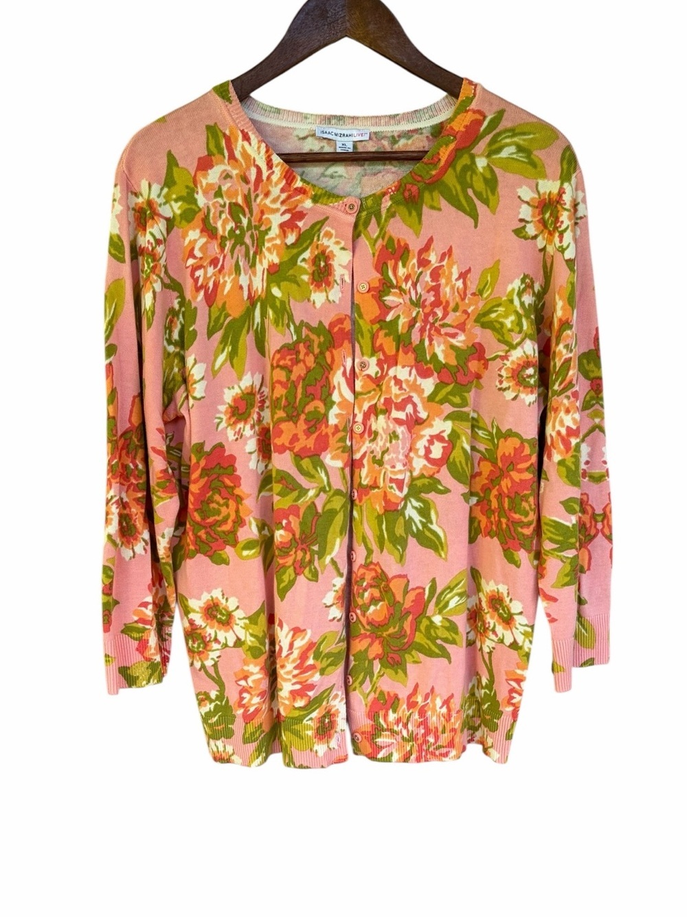 Isaac Mizrahi Floral Feminine Cotton Button Front Lightweight Knit Sweater